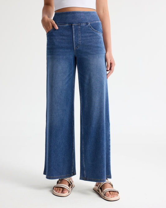 High Waist Pull on Stretch Wide Leg Jeans - Petite